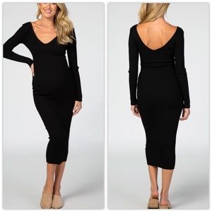 Black V-Neck Long Sleeve Fitted Maternity Maxi Dress | Pinkblush
